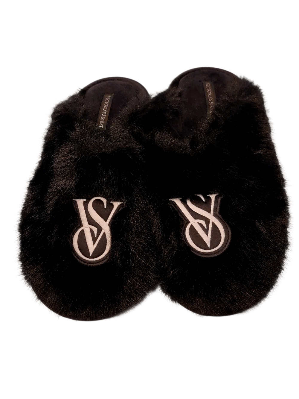 NWOT Victoria's Secret Black Faux-Fur Logo Slide Slippers Small